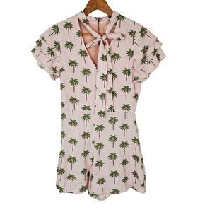 Alice + Olivia Womens 4 Pink Palm Print Short Ruffle Sleeve Tie Neck Romper